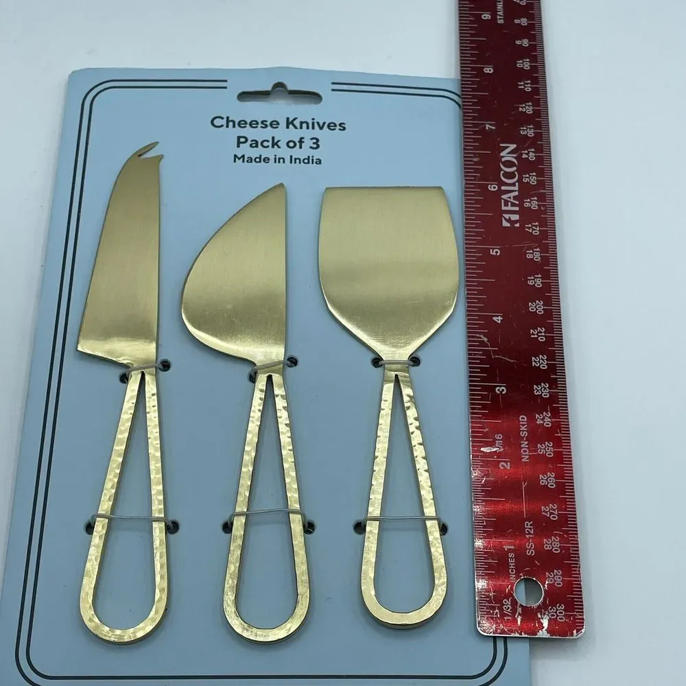 Loop Handle Set Of 3 Brass Color Hand Hammered Cheese Knives Slicer NEW India‎